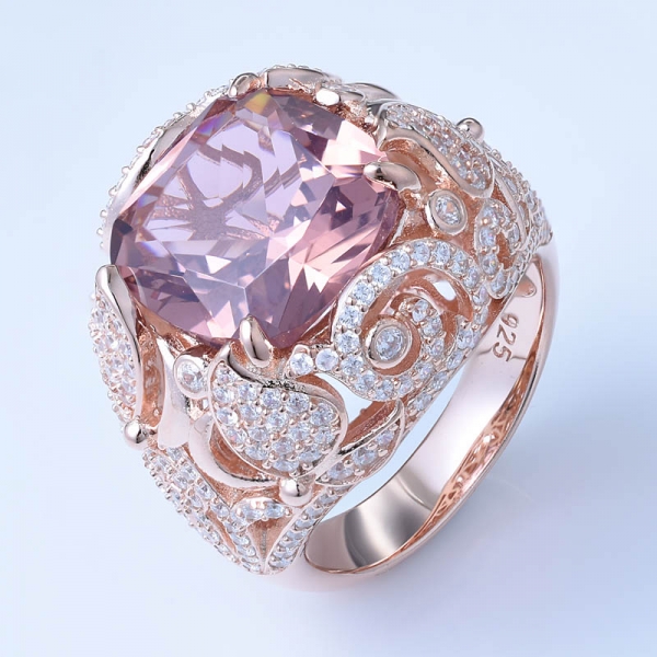Almofada de corte simular morganita rosa 18k ouro rosa sobre 925 anéis de jóias de prata esterlina das mulheres 