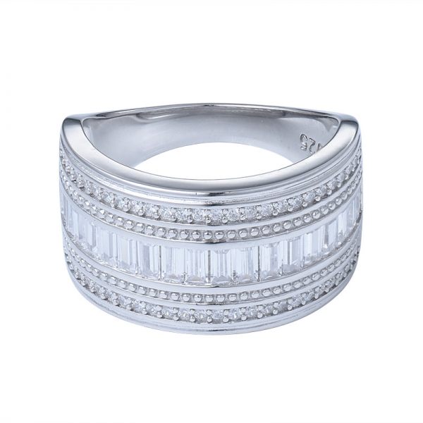 baguete lindo e anel de design de bypass de prata clara cz 925 redonda 