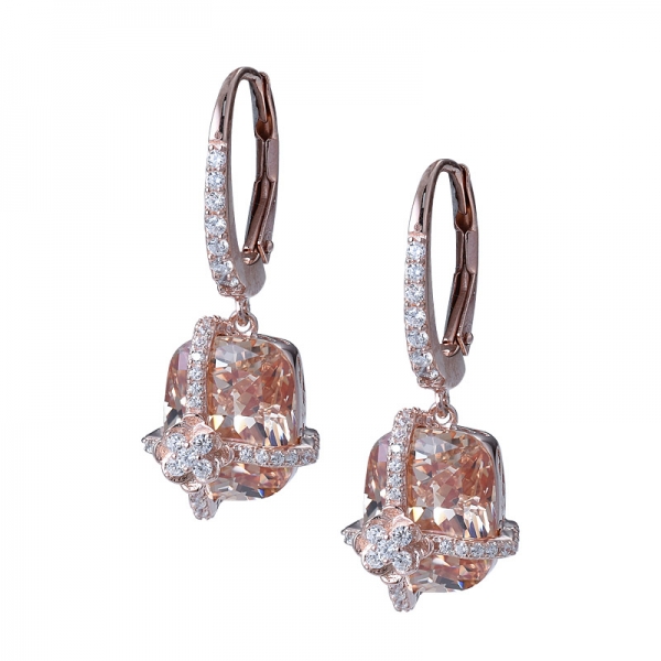 Jóias personalizadas por atacado 925 prata esterlina cz rosa banhado a ouro coxim-cut champagne cz halo diamante brinco conjunto de jóias 