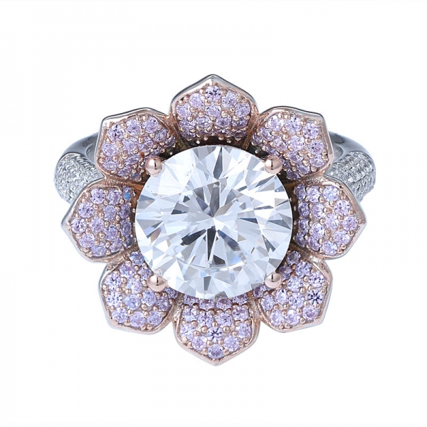 Novo design, o estilo de flor de 10,0 mm Redondo centro branco cz anel de noivado de diamante 