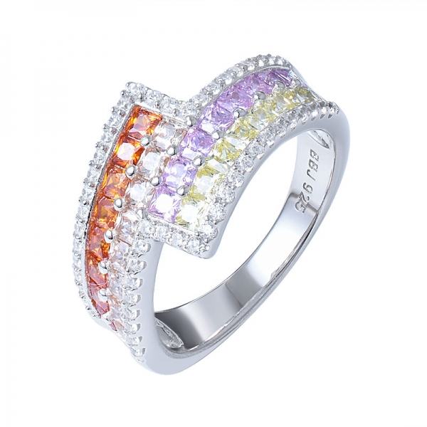 multi colorido do arco-íris cz anel de prata conjunto de jóias 