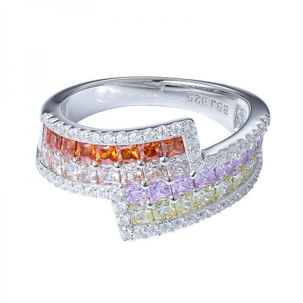 multi colorido do arco-íris cz anel de prata conjunto de jóias 