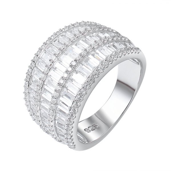 Sterling Prata Ródio Baguette Cúbico Zirconia anel de banda conjunto de jóias 