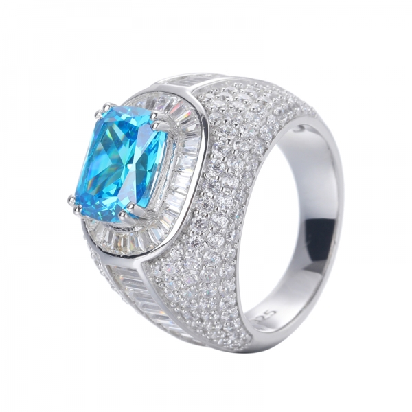 925 azul aqua fantasia e branco CZ anel de ródio sobre prata esterlina 