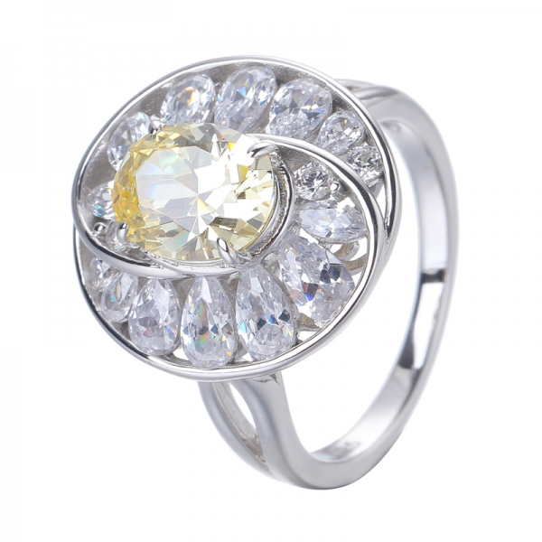 diamante de cor amarela cúbica de zircônia centro de ródio sobre anel de prata esterlina 