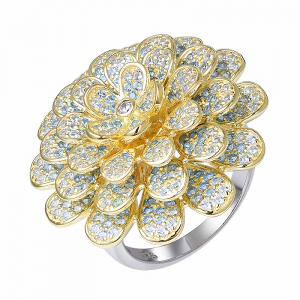 mudança gradual azul safira amarelo ouro sobre anel em forma de flor 