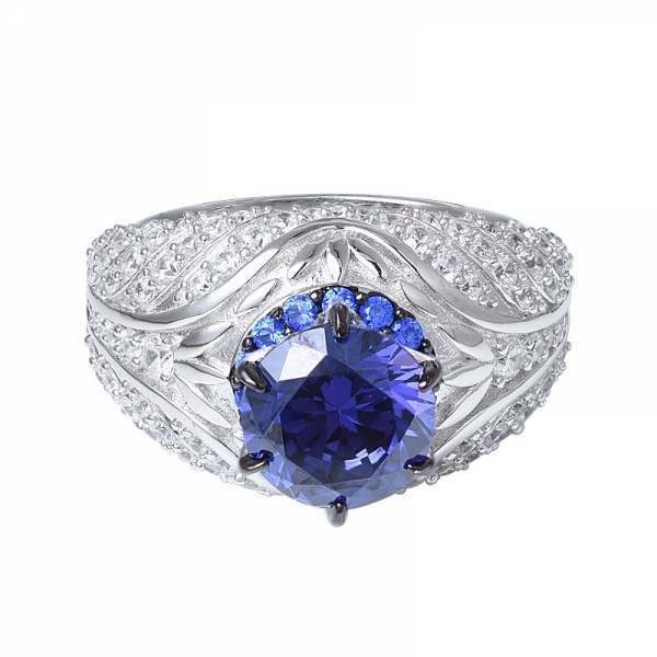  925 prata esterlina 2.0 ct redondo azul tanzanite  CZ anel de noivado de aniversário de zircão 