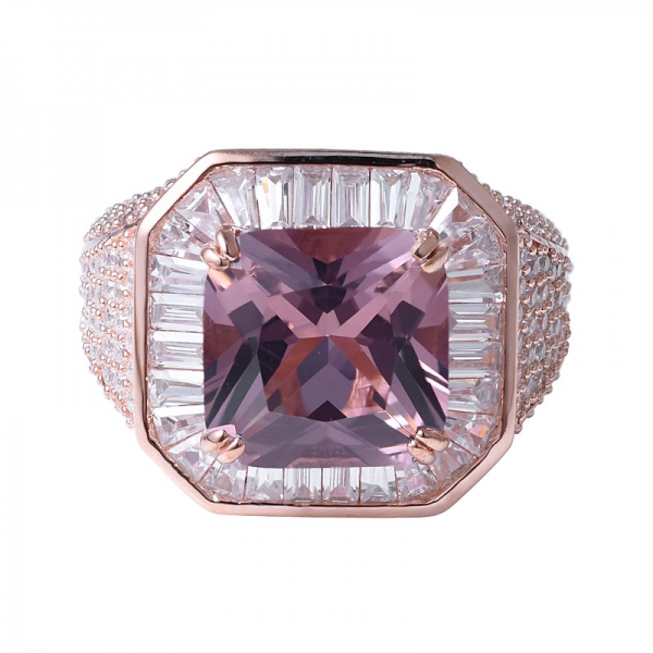 prata esterlina ouro rosa morganita lapidação quadrada Cz anel de noivado com halo de diamante 
