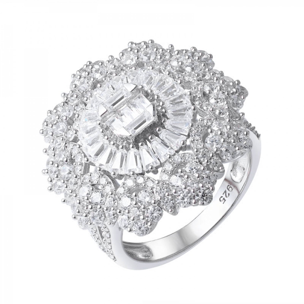 925 prata esterlina zircônio cúbico branco transparente ródio sobre anel em forma de flor 