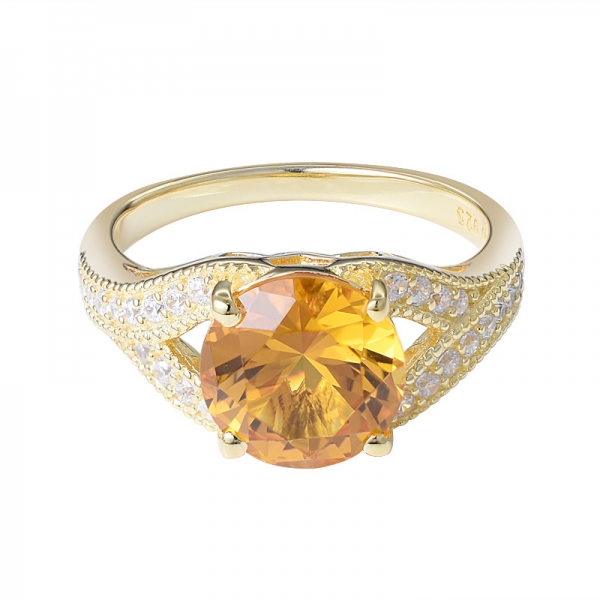 anel de ouro cz laranja sobre prata com corte redondo 3,0 ct 
