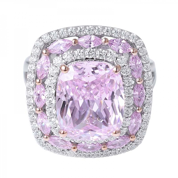 almofada de corte de diamante rosa Simulante anel halo de ródio sobre prata 
