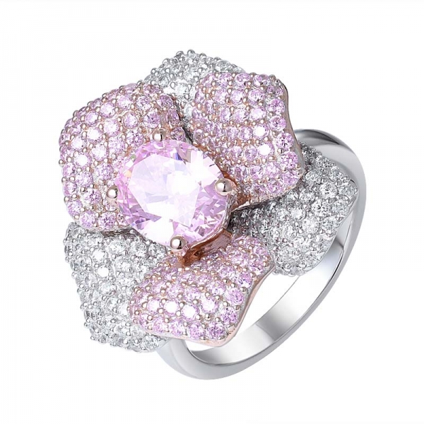 laboratório criado diamante rosa 2ctw corte oval de ródio sobre anel de flor rosa prata 