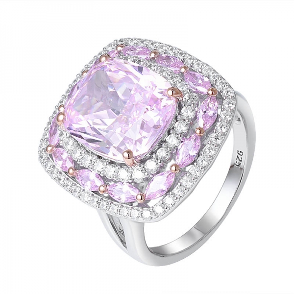 almofada de corte de diamante rosa Simulante anel halo de ródio sobre prata 