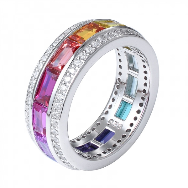 safira arco-íris baguete colorida ródio sobre anel de eterno prata 