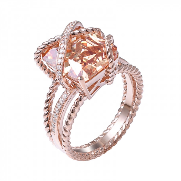 champanhe e zircônia cúbica branca 18k conjunto de anel de ouro rosa sobre prata esterlina 