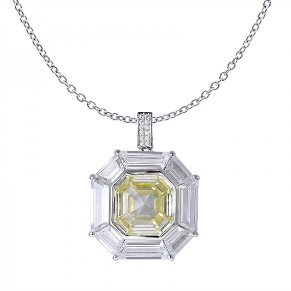 Corte Asscher simula diamante amarelo de ródio sobre pingente de cristal de prata esterlina 