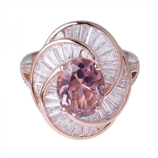 corte oval simulado morganita CZ anel de casamento de ouro rosa sobre prata esterlina 