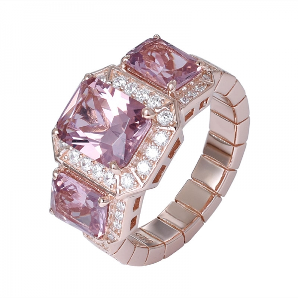criado corte princesa morganita CZ anel halo de ouro rosa sobre prata esterlina 3 pedras 