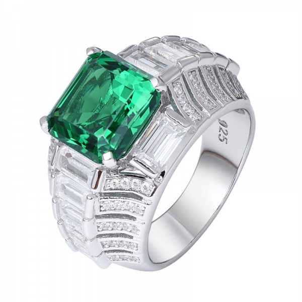 Asscher criou ródio verde esmeralda sobre aliança de prata esterlina 