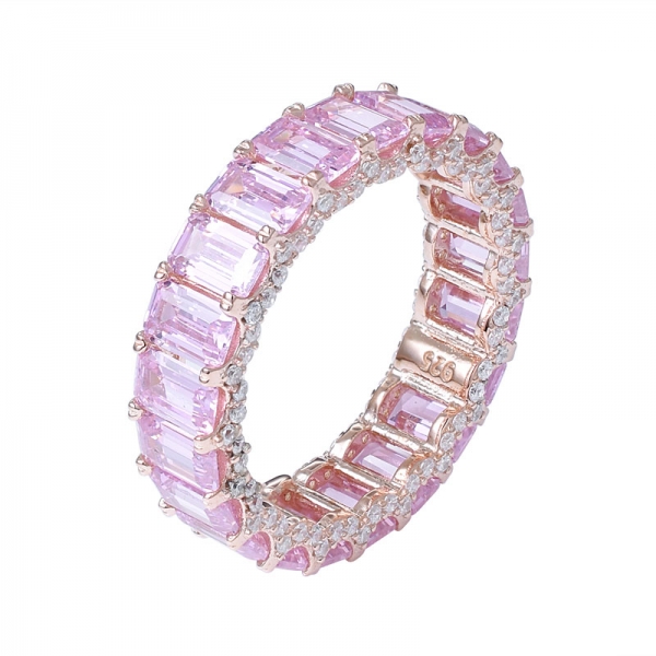 rosa cz diamante corte esmeralda ouro rosa sobre anel eternidade de prata esterlina 