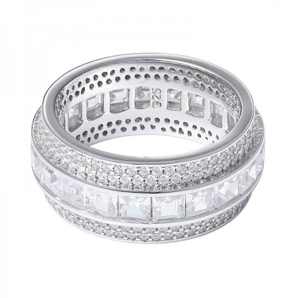 halo com configuração quadrada de gema de safira colorida sintética ródio sobre anel de eternidade de arco-íris de prata esterlina 