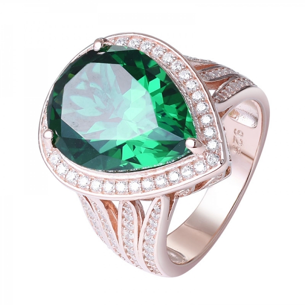 criou a forma de pêra esmeralda verde ouro rosa sobre anel de noivado de prata esterlina para mulheres 