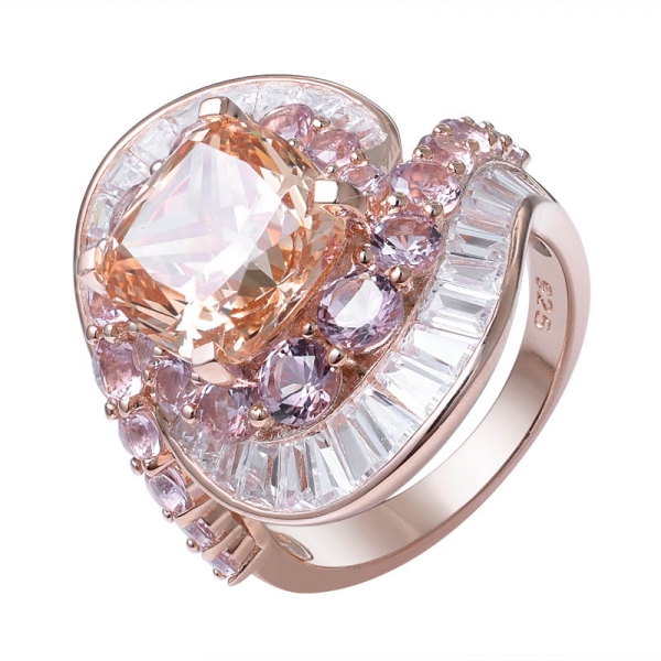 champanhe corte almofada CZ 18K anel de noivado de ouro rosa sobre prata esterlina 
