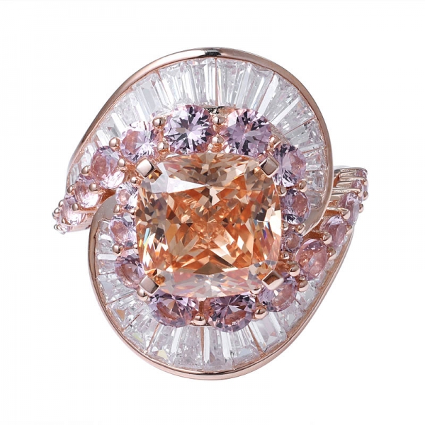 champanhe corte almofada CZ 18K anel de noivado de ouro rosa sobre prata esterlina 