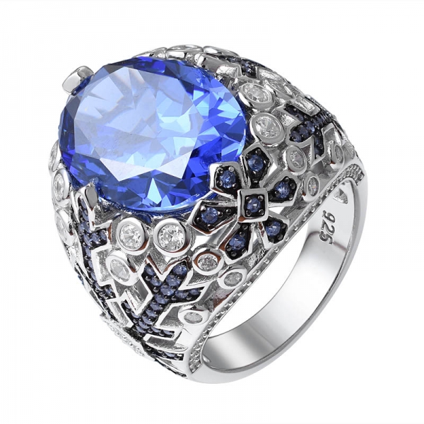 corte oval criado azul tanzanita pedra folheada a 2 tons sobre anel de noivado de prata esterlina 