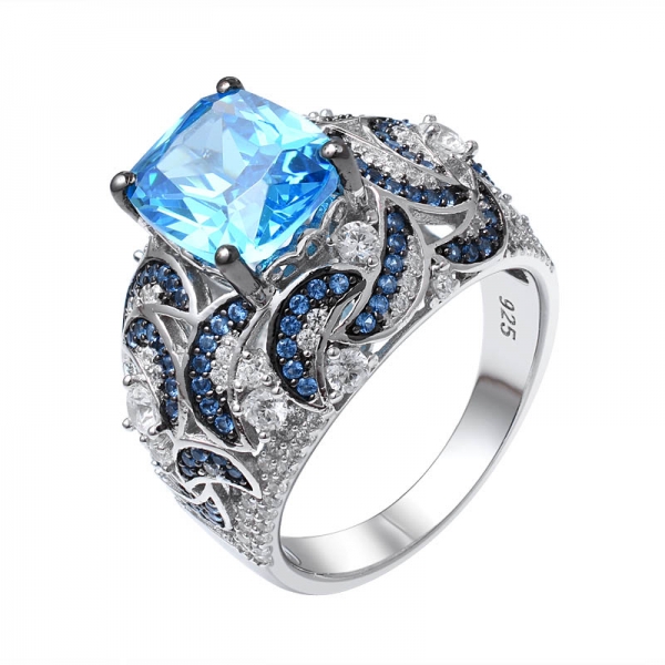 apatita neon azul CZ & Azul safira banhado a 2 tons sobre anel de casamento de prata esterlina para mulheres 