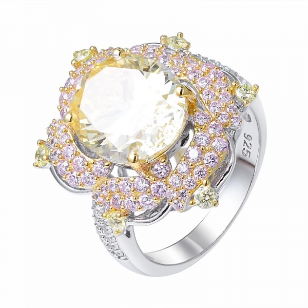 corte oval criado diamante amarelo 2 tons banhado a anel de aliança de prata esterlina 