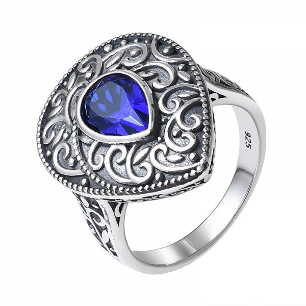 Corte de pera de 1 quilate criado artesão preto safira azul sobre anel de prata esterlina 