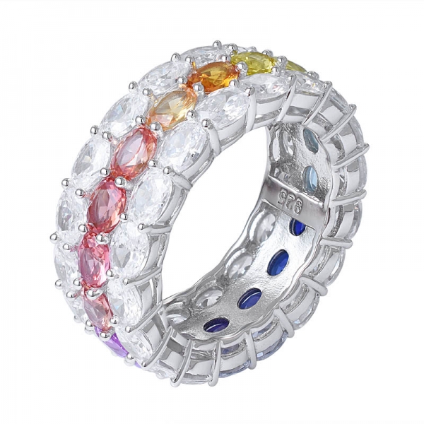 arco-íris Oavl anel de banda de safira sintética colorida de ródio sobre a eternidade 