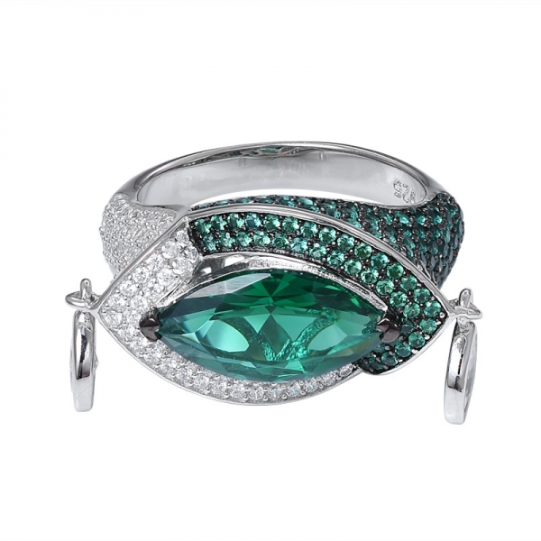 criou esmeralda verde Marquse corte preto banhado a 2 tons 925 anel de prata esterlina 