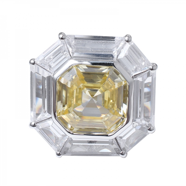  Asscher corte simula diamante amarelo de ródio sobre anel de prata esterlina 