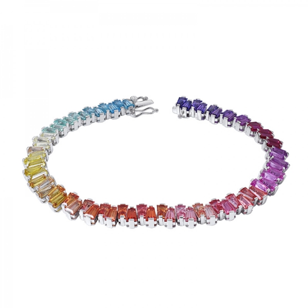 pulseira baguete safira sintética colorida ródio sobre prata tênis arco-íris 