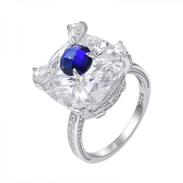  Para cima e para baixo pedra dupla azul safira ródio sobre anel de noivado de prata esterlina 