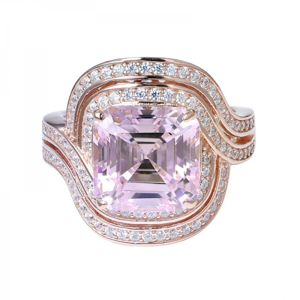  Asscher corte diamante rosa simulado ouro rosa sobre 925 aliança de prata esterlina 
