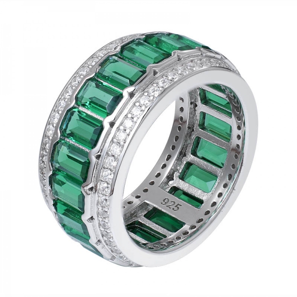 Esmeralda verde criada ródio sobre anel eternidade de prata esterlina 