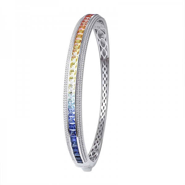 Pedra preciosa sintética de safira colorida com corte quadrado de ródio sobre prata esterlina pulseira arco-íris 