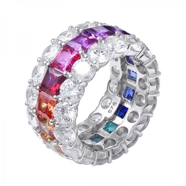 sintético Sahhpire Princesa e Rodada corte ródio sobre prata esterlina anel de eternidade arco-íris de 3 linhas 