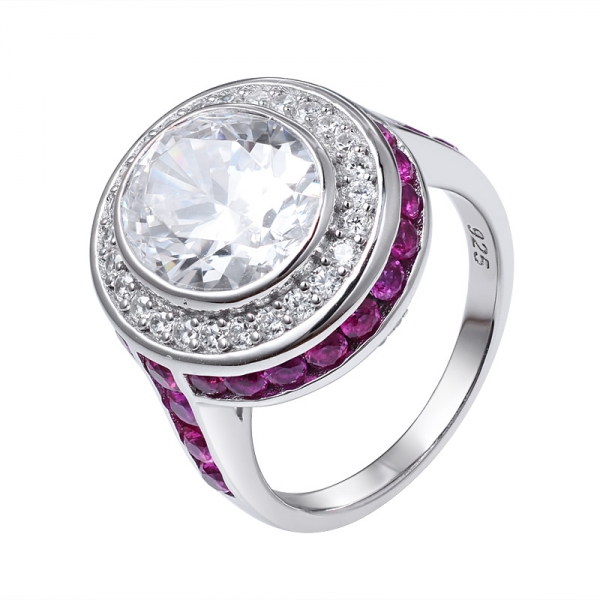 corte oval branco CZ & Ruby corindo ródio sobre 925 anel de noivado de prata esterlina 