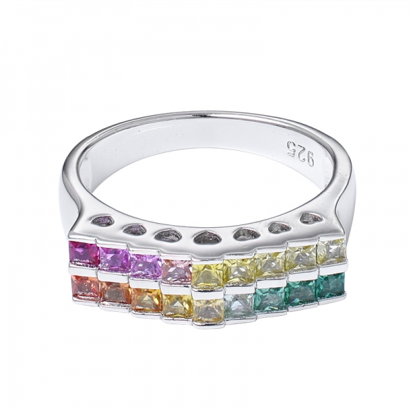 sintético Sahhpire corte princesa 2,0 mm anel de banda arco-íris de 2 linhas de ródio sobre prata esterlina 