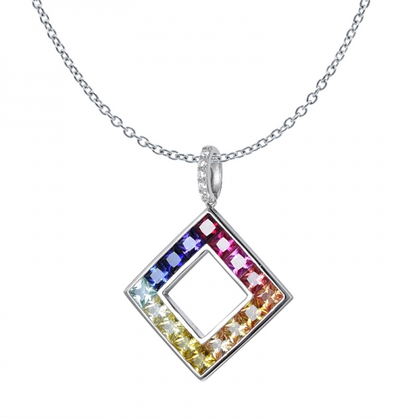 Conjunto de pingente arco-íris de princesa de safira colorida sintética com corte de prata esterlina 