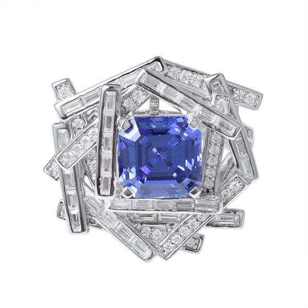 azul Tanzanite criado Asscher corte de ródio em 925 joias com anel de prata esterlina 