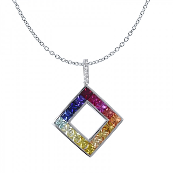 Conjunto de pingente arco-íris de princesa de safira colorida sintética com corte de prata esterlina 