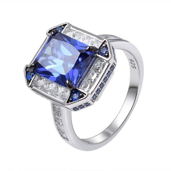 criado azul Tanzanite corte esmeralda ródio e preto artesão sobre anel de noivado de prata esterlina 
