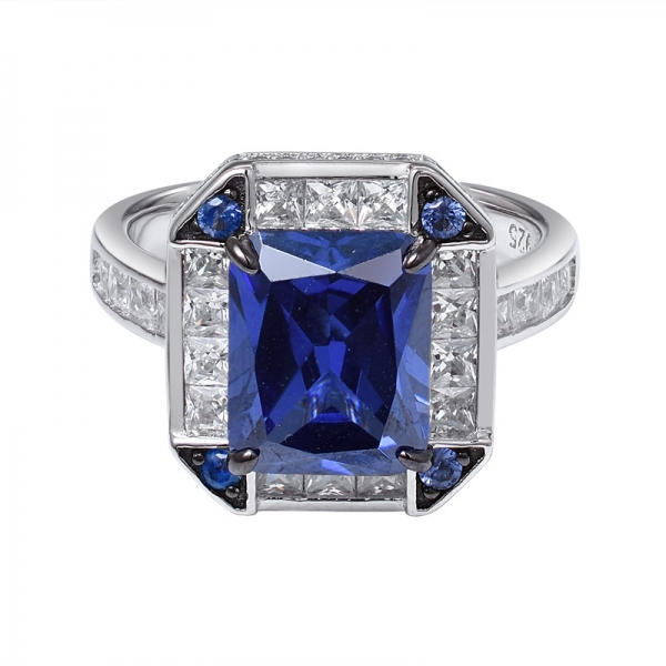 criado azul Tanzanite corte esmeralda ródio e preto artesão sobre anel de noivado de prata esterlina 
