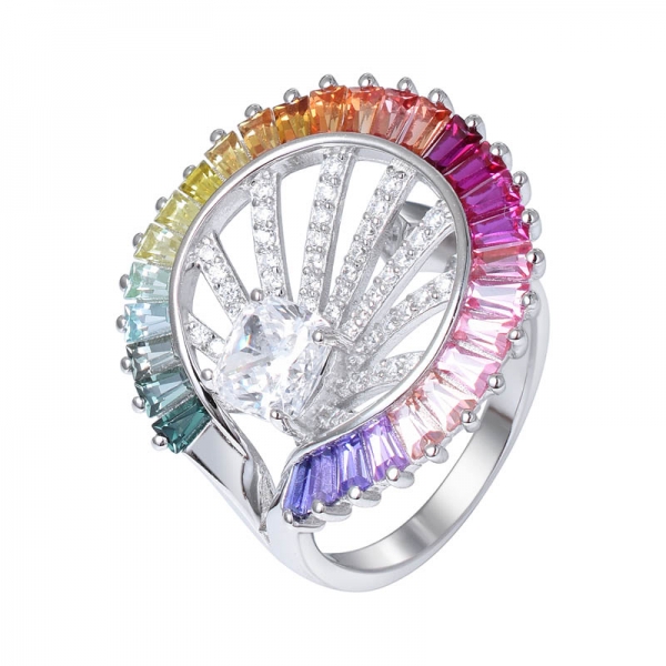 corte cônico simulado safira arco-íris ródio sobre prata esterlina anel de casamento arco-íris 
