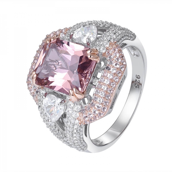 criou rosa morganita princesa corte 2 tons banhado a anel de noivado de prata esterlina 